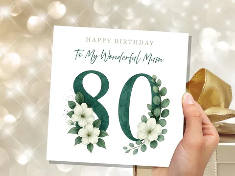 Elegant 80th Birthday Card for Mum Green Floral with White Dogwood Roses Flowers Watercolour Art Can be Personalised for Grandma Aunt Sister - View 2