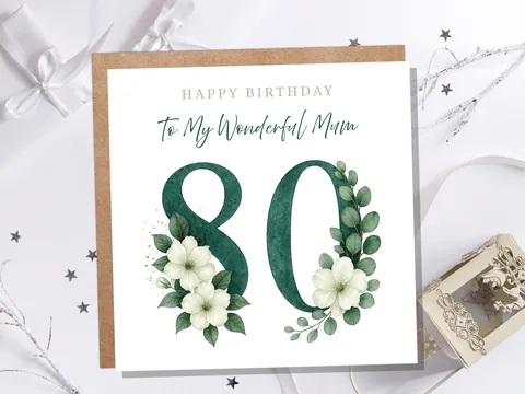 Elegant 80th Birthday Card for Mum Green Floral with White Dogwood Roses Flowers Watercolour Art Can be Personalised for Grandma Aunt Sister - View 4