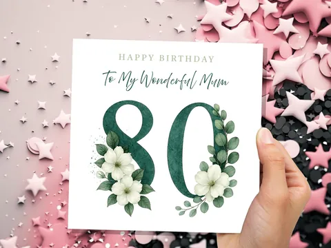 Elegant 80th Birthday Card for Mum Green Floral with White Dogwood Roses Flowers Watercolour Art Can be Personalised for Grandma Aunt Sister - View 5