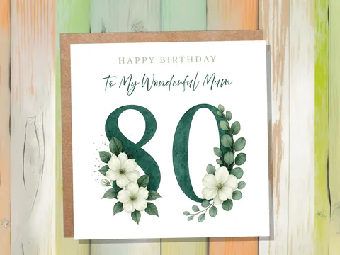 Elegant 80th Birthday Card for Mum Green Floral with White Dogwood Roses Flowers Watercolour Art Can be Personalised for Grandma Aunt Sister - View 9