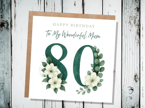 Elegant 80th Birthday Card for Mum Green Floral with White Dogwood Roses Flowers Watercolour Art Can be Personalised for Grandma Aunt Sister - View 6
