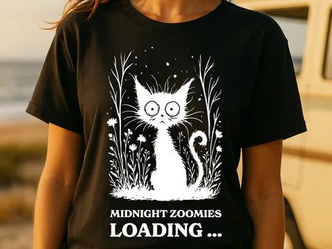 Midnight Zoomies Loading Funny Cat T-Shirt Cute Black Cat Tee Crazy Cat Lover Gift Humorous Pet Shirt Unisex Cat Mum Dad Owners Graphic Top - View 6