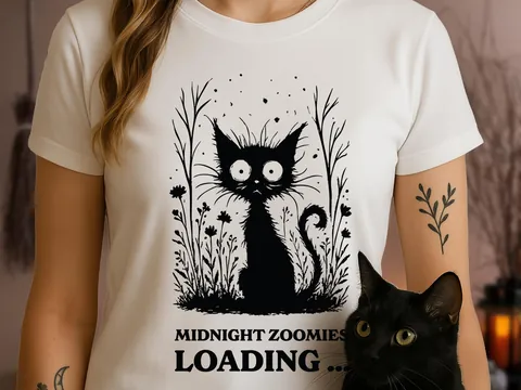 Midnight Zoomies Loading Funny Cat T-Shirt Cute Black Cat Tee Crazy Cat Lover Gift Humorous Pet Shirt Unisex Cat Mum Dad Owners Graphic Top