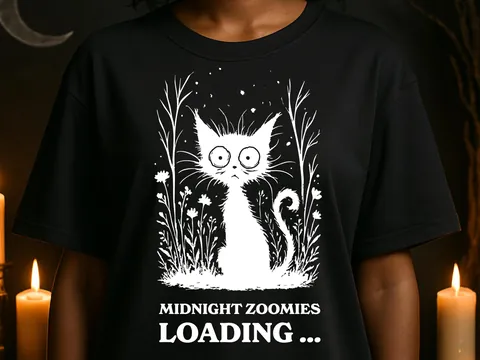 Midnight Zoomies Loading Funny Cat T-Shirt Cute Black Cat Tee Crazy Cat Lover Gift Humorous Pet Shirt Unisex Cat Mum Dad Owners Graphic Top - View 8