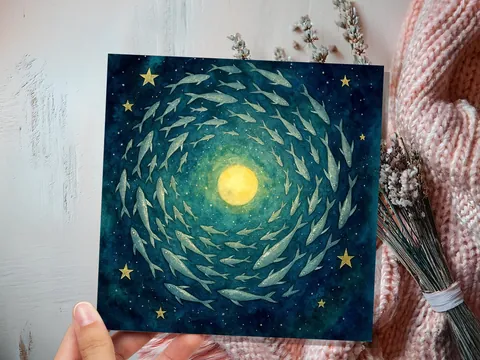 Moon Fish Greeting Card Starry Night Sky Watercolour Art Celestial Spiritual Pagan Witchy Birthday Any Occasion Card - View 6