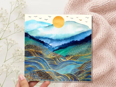 Watercolour Mountain and Sun Card