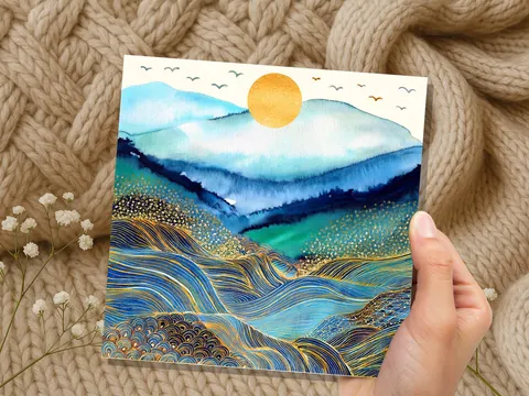 Watercolour Mountain and Sun Card - View 7