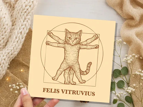 Felis Vitruvius Card | Unique Funny Vitruvian Man Art Parody | Greeting Card for Art History Cat Lovers Leonardo Da Vinci Humour Artist Gift - View 2