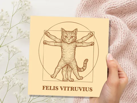 Felis Vitruvius Card | Unique Funny Vitruvian Man Art Parody | Greeting Card for Art History Cat Lovers Leonardo Da Vinci Humour Artist Gift - View 3