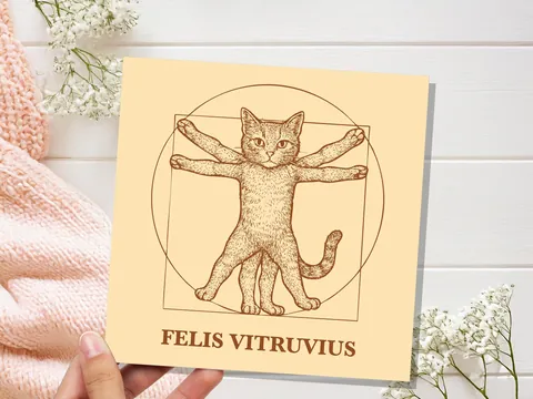 Felis Vitruvius Card | Unique Funny Vitruvian Man Art Parody | Greeting Card for Art History Cat Lovers Leonardo Da Vinci Humour Artist Gift