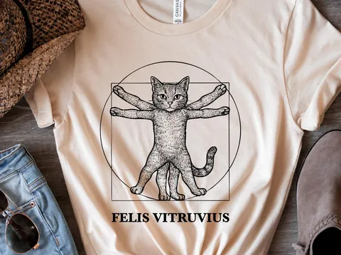 Vitruvian Cat Shirt | Funny Da Vinci Art Parody Tee for Art History Buff & Cat Lovers | Clever Cat Gift | Renaissance Sketch Felis Vitruvius