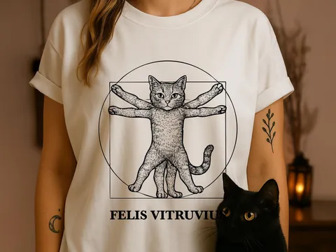 Vitruvian Cat Shirt | Funny Da Vinci Art Parody Tee for Art History Buff & Cat Lovers | Clever Cat Gift | Renaissance Sketch Felis Vitruvius - View 4