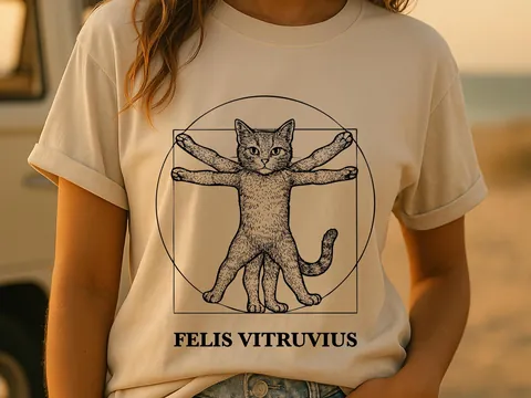 Vitruvian Cat Shirt | Funny Da Vinci Art Parody Tee for Art History Buff & Cat Lovers | Clever Cat Gift | Renaissance Sketch Felis Vitruvius - View 2