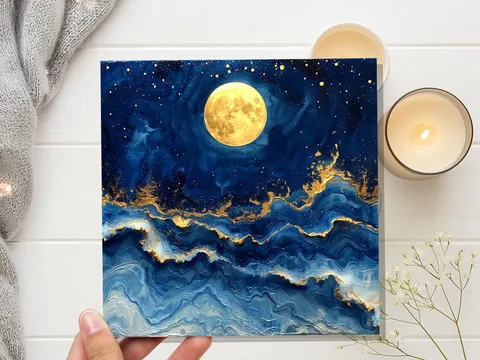 Full Moon Greeting Card | Magical Night Sky | Abstract Art Card | Thinking Of You | Nature Lover Gift | Any Occasion | Painterly Blue Gold - View 7