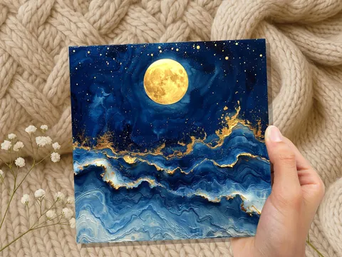 Full Moon Greeting Card | Magical Night Sky | Abstract Art Card | Thinking Of You | Nature Lover Gift | Any Occasion | Painterly Blue Gold - View 9