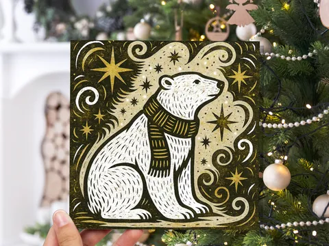 Winter Polar Bear Card Linocut Starry Night Snow Scene Cosmic Star Christmas Cards Holiday Greetings Animal Lover Festive Kraft Scandi Art - View 4