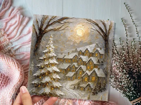 White Winter Village Christmas Card Snowy Cottage Scene Glowing Night Scene Luxury Neutral Golden Holiday Greeting Cards Pack of 1, 5, or 10 - View 6