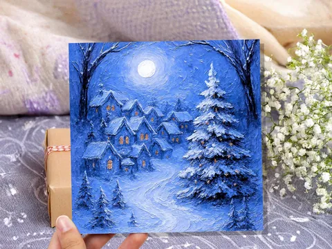 Blue Impasto Village Christmas Card - View 4