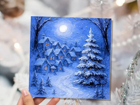 Blue Impasto Village Christmas Card