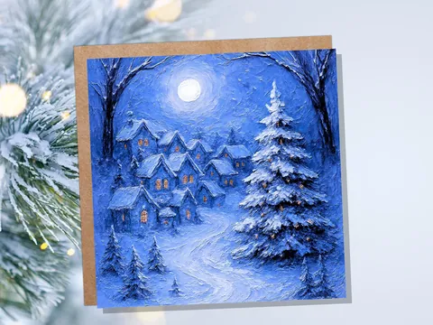 Blue Impasto Village Christmas Card - View 2