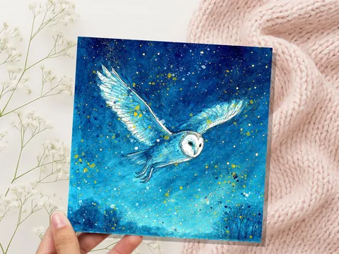 Celestial Barn Owl Watercolour Art Print - View 6