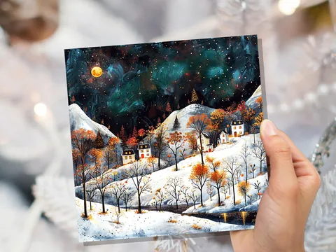 Moody Winter Village Card