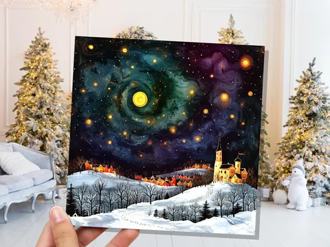 Starry Night Christmas Village Card