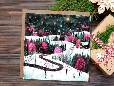 Pink Winter Village Christmas Card - View 7