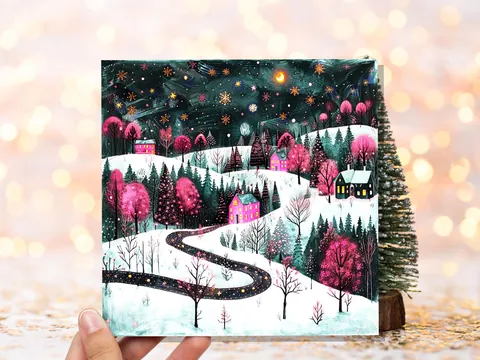 Pink Winter Village Christmas Card