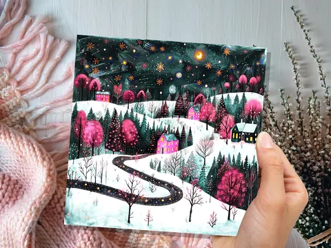 Pink Winter Village Christmas Card - View 3