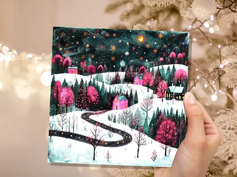 Pink Winter Village Christmas Card - View 4