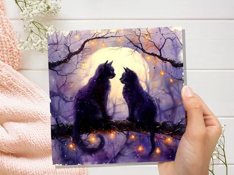 Mystical Black Cats Watercolour Card