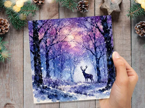 Watercolour Deer Winter Forest Card | Purple Blue Snow Scene | Stag Nature Lover Gift | Unique Christmas Card UK New for 2026 - View 2