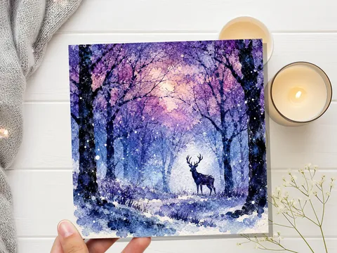 Watercolour Deer Winter Forest Card | Purple Blue Snow Scene | Stag Nature Lover Gift | Unique Christmas Card UK New for 2026 - View 5