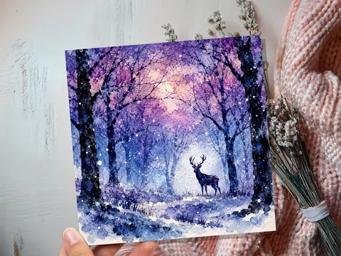 Watercolour Deer Winter Forest Card | Purple Blue Snow Scene | Stag Nature Lover Gift | Unique Christmas Card UK New for 2026 - View 6