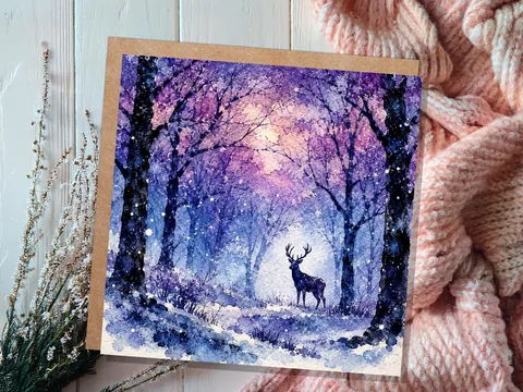 Watercolour Deer Winter Forest Card | Purple Blue Snow Scene | Stag Nature Lover Gift | Unique Christmas Card UK New for 2026 - View 8