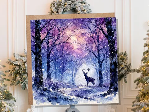 Watercolour Deer Winter Forest Card | Purple Blue Snow Scene | Stag Nature Lover Gift | Unique Christmas Card UK New for 2026 - View 7