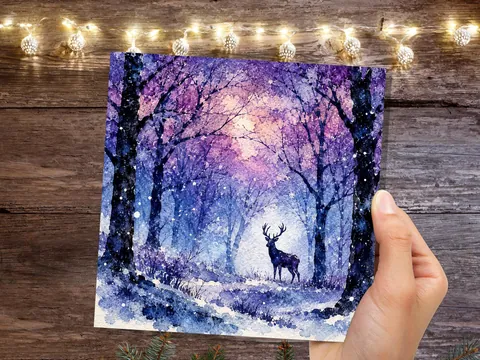 Watercolour Deer Winter Forest Card | Purple Blue Snow Scene | Stag Nature Lover Gift | Unique Christmas Card UK New for 2026 - View 3