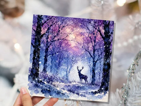 Watercolour Deer Winter Forest Card | Purple Blue Snow Scene | Stag Nature Lover Gift | Unique Christmas Card UK New for 2026