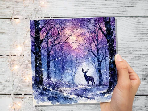 Watercolour Deer Winter Forest Card | Purple Blue Snow Scene | Stag Nature Lover Gift | Unique Christmas Card UK New for 2026 - View 4